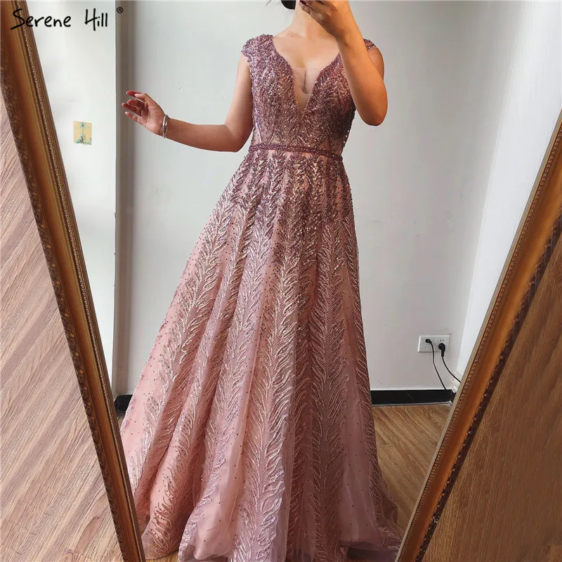 

Luxury Design Pink V-Neck Evening Dresses Long 2019 Sequined Crystal Sleeveless A-Line Evening Gowns Serene Hill LA70225