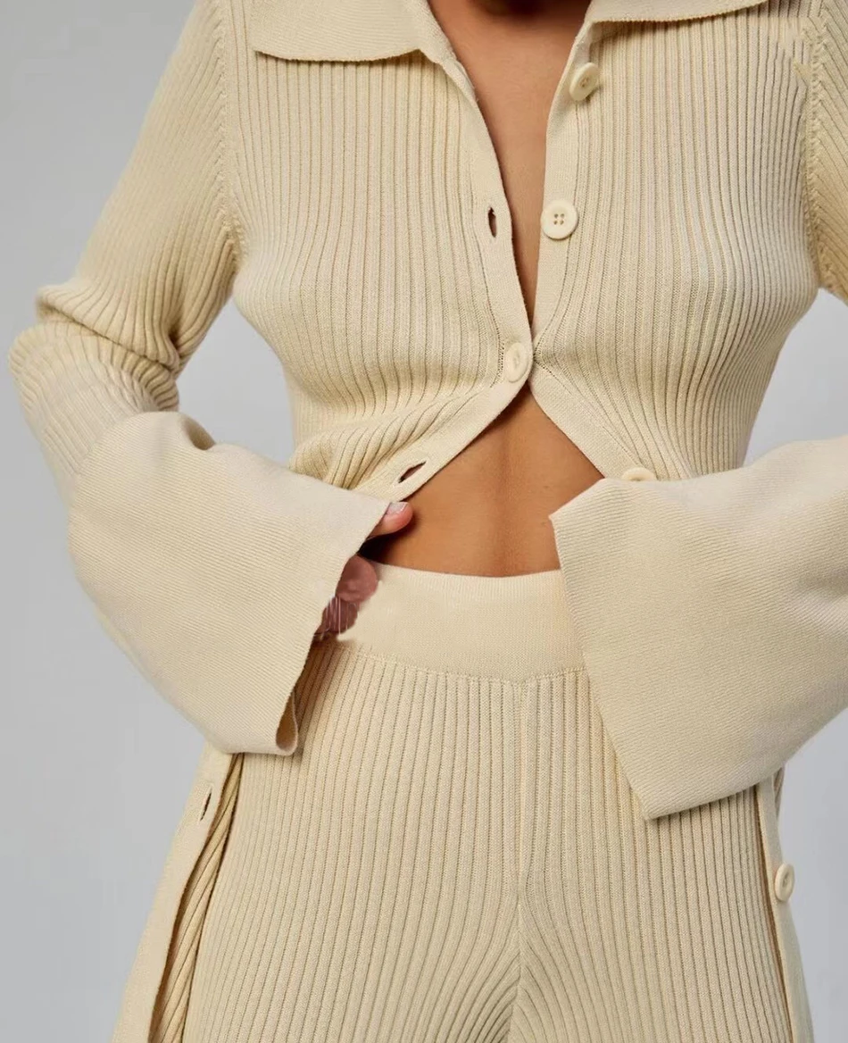 High Quality Fashion Women'S Knitted Slim 2 Two-Piece Set 2021 Spring Sexy V Long-Sleeved Button Top + Pants Casual Suit skirt suit set