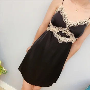 

Ladies Night Dress Sexy Silk Satin Sleepwear Camisole Chemise Nighties V-neck Lace Nightwear For Women Underwear