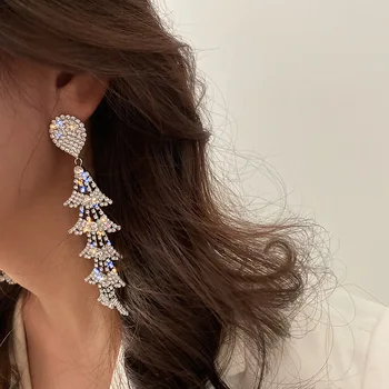 

Full Rhinestones Tree Shape Long Dangle Earrings for Women Femme Hollow Waterdrop Leaves Big Statement Earrings Party Jewelry