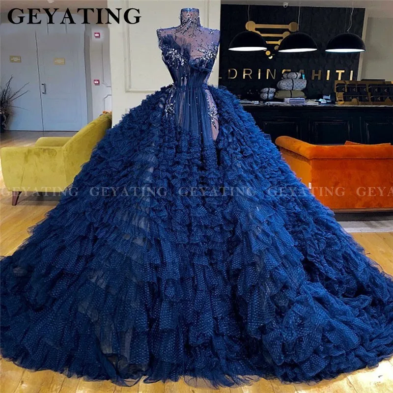 

Saudi Arabic Blue Ball Gown Evening Dress 2019 High Neck Tiered Prom Dresses Luxury Puffy Women Formal Party Gown Robe De Soiree
