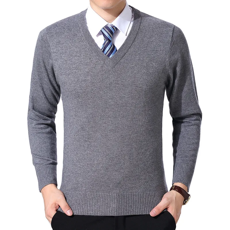 2019 осень новый шерстяной мужской свитер с длинным рукавом v-образным вырезом сплошной цвет городские дикие толстые теплые с длинным