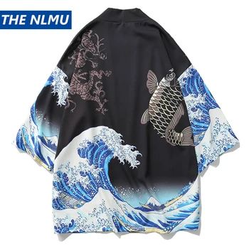 

Fish Printed Kimono Cardigan Shirts Mens Japan Style Hip Hop Japanese Clothes Casual Streetwear Shirts 2019 Fashion Outwear HA64