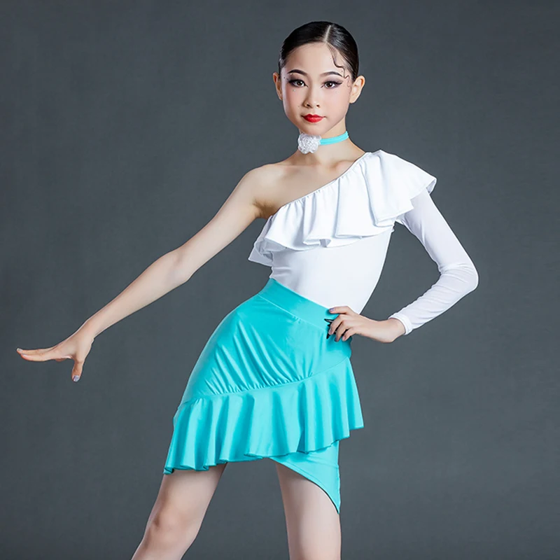 

New Latin Dance Clothes Ruffled Single Sleeves Latin Tops Skirts Girls Latin Dance Competition Costume Practice Wear SL5289