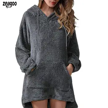 

Women Casual Solid Hooded Long Sleeve Spring/Autumn Plush Warm Pullover Hips Length Long Sweatshirt