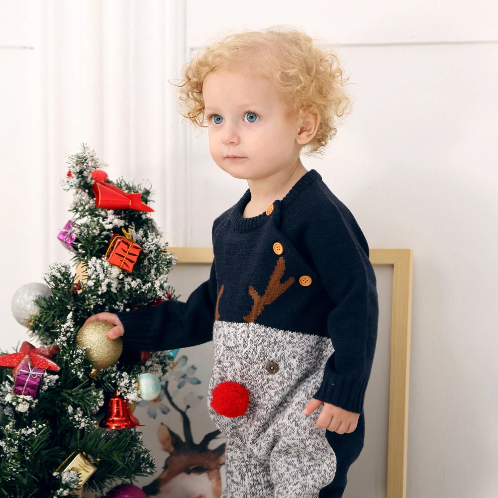 Рождественский костюм Вязаный комбинезон для новорожденных, осенне-зимний свитер вязаная одежда с милым оленем для маленьких мальчиков и девочек теплая одежда на возраст от 0 до 18 месяцев