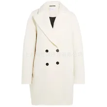 Белое двубортное шерстяное пальто для женщин с зубчатым отворотом Свободное длинное толстое теплое шерстяное пальто