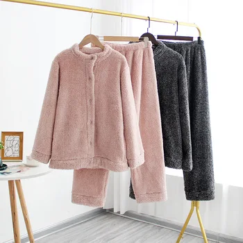 

Autumn Winter Flannel Couple Pajamas Sleepwear Velvet Thickening Keep Warm Men Women Coral Velvet Home Service Ropa De Mujer