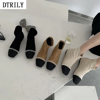 

Fashion Pearl Flats Ankle Boots Women Mixed Color Square Toe Flat Shoes Patchwork Slip on Chelsea Boot Casual Zapatos De Mujer