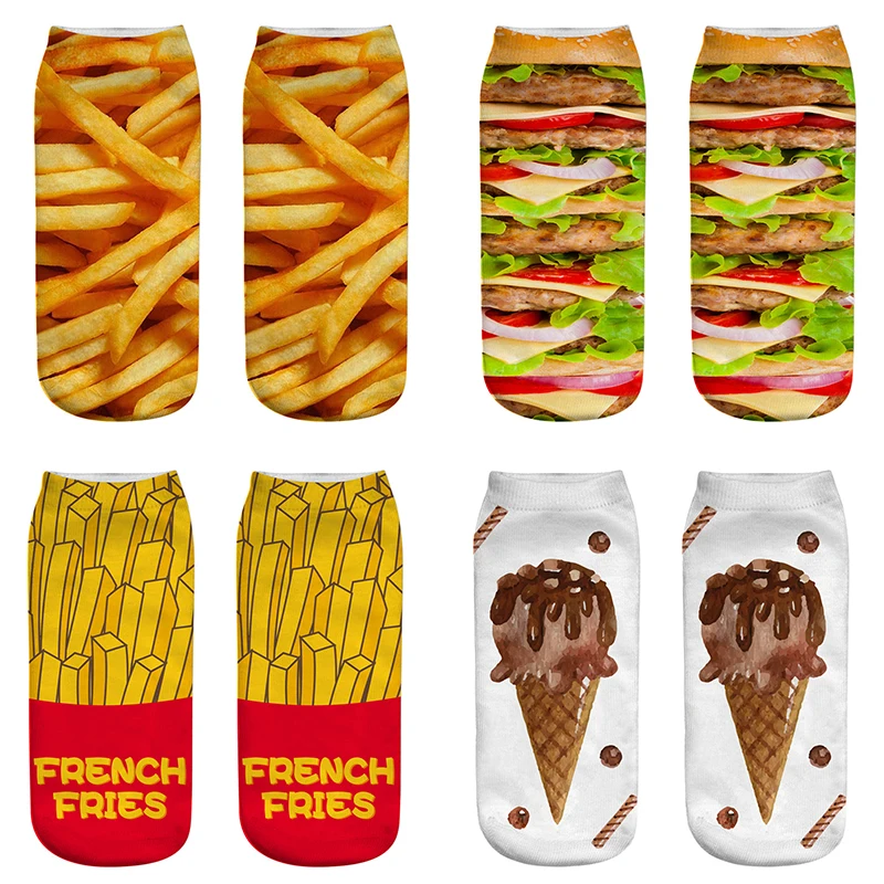 Забавные Женские носочки Короткие женские носки с 3D принтом картофеля фри