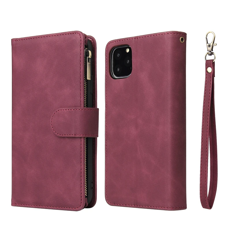 wine red Для iPhone 11 pro max Роскошный многофункциональный кошелек с отделениями для карт чехол для iPhone 6S 6 7 8 plus X Xr Xs Max откидная крышка на молнии с подставкой - Цвет: wine red