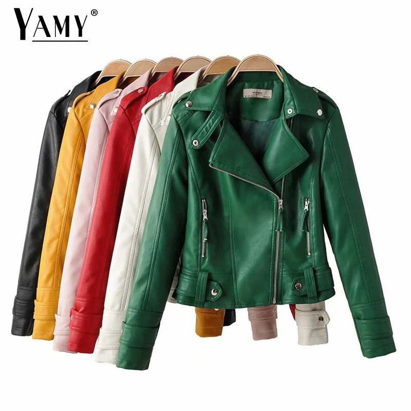 Черная полиуретановая Зеленая кожаная куртка женская мотоциклетная байкерская куртка мото винтажный искусственная кожа куртка красное пальто осень