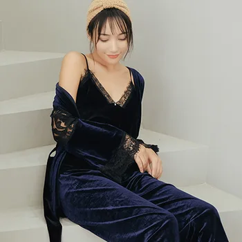 

Fashion Sexy Black Lace Warm Winter Robe Sets 3 Pieces Loungewear Sets Long Sleeve Gown Set Female Sleepwear Home Robe Sets Suit