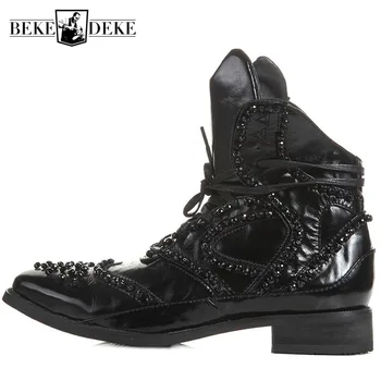 

Winter British Boots Men Designer Crystal Beaded Vintage Ankle Boots Pointed Genuine Leather Punk Shoes Black High Top Sneakers