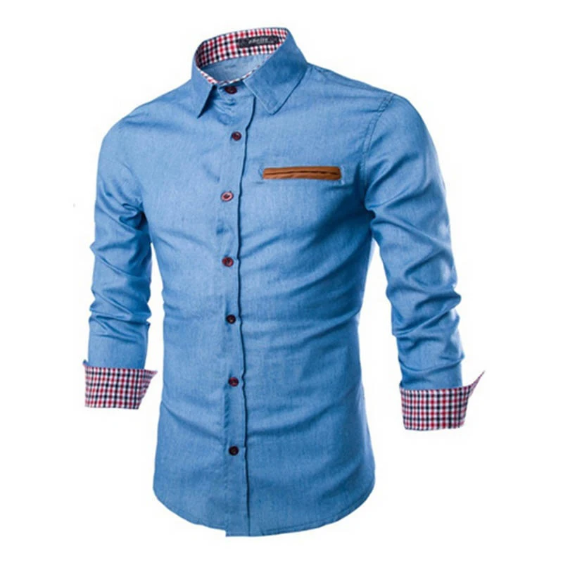 ZOGAA Мужская рубашка с длинным рукавом, Лоскутная рубашка с левым нагрудным карманом, высококачественные осенние мужские хлопковые топы, рубашка на пуговицах - Цвет: Небесно-голубой