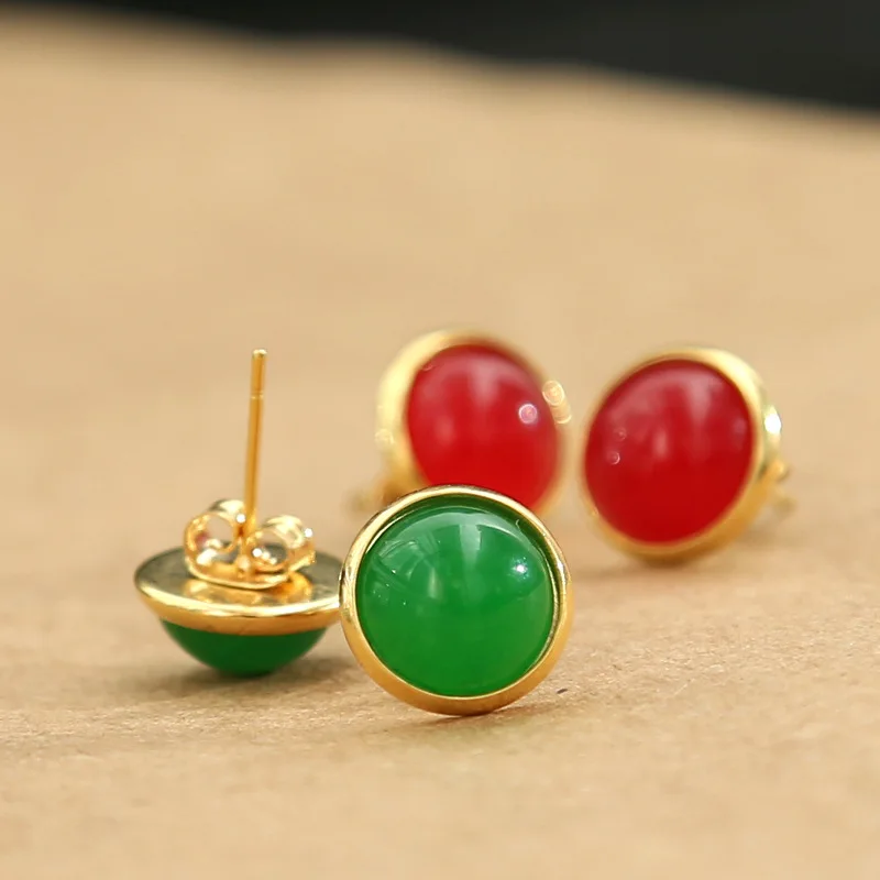 

Natural Red And Green Agate Chalcedony Ear Stud Flawless Full of Green Emerald Bright Red Simple Steel Needle Gold Plating Auric