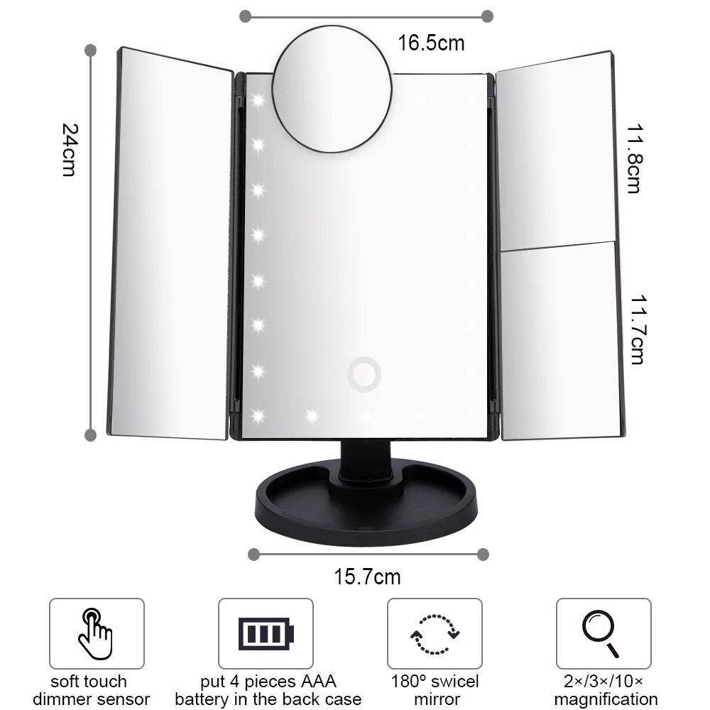 В сложенном виде 22 светодиодный сенсорный экран зеркало для макияжа 1X/2X/3X/10X увеличительные зеркала 3 Складные 360 ° регулируемый зеркальный стол настольный