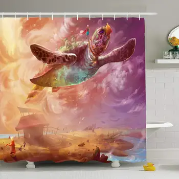 

Shower Curtain Set with Hooks 66x72 Flying Turtle Tale Wave Magical Swash One Sunset Sky Story Song Man Character Rosy Science