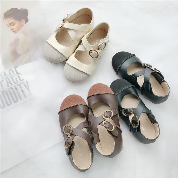 

Autumn 2019 New Girls Flat-soled Bean Single Shoe Soft-soled Kids Stitching Sanded Shoe Little Baby Girls Retro Pu Leather Shoe