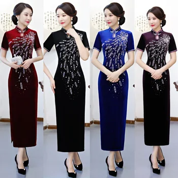 

Oversize 3XL Long Velour Vintage Ladies Chinese Style Dress Classic Qipao Stage Show Elegant Female Handmade Button Cheongsam