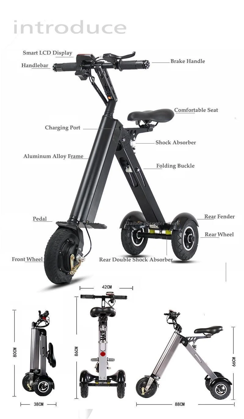 Daibot Folding Three Wheels Electric Scooter Electric Scooters 8'' 250W 36V Portable Electric Bikes Adults With Double Absorber  (20)