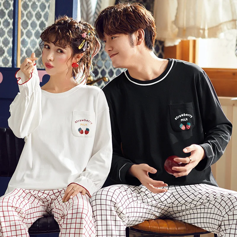 

Couples Pajamas Women's Spring And Autumn Long Sleeve Pure Cotton Men Korean-style Cute Strawberry Two-Piece Set Thin Outer Wear