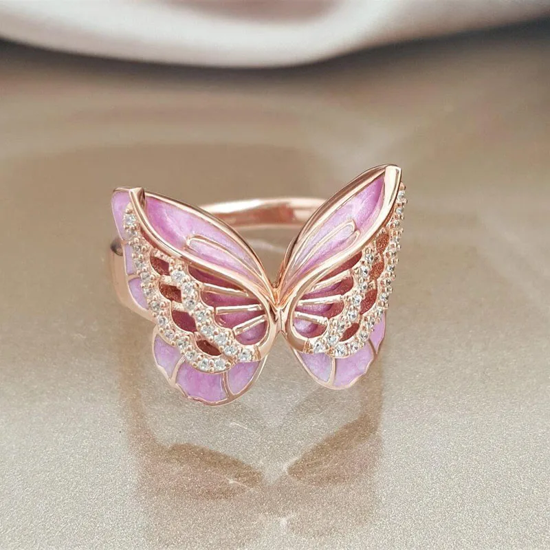 

Exquisite Pink Butterfly Rings for Women European Rose Gold Color Plated Banquet Party Rings with Cubic Zirconia Jewelry Anel