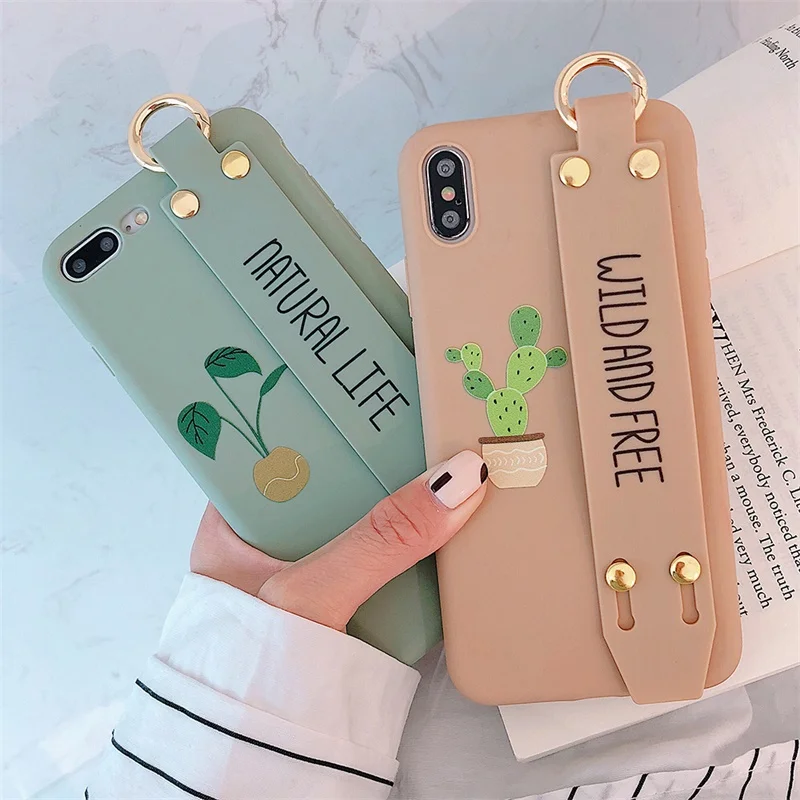 Simple Stylish Cute Cactus Letters Phone Case For iphone 11Pro X MAX XR 8 7 6s Plus Cases Soft Shell Bracket Wrist Strap Cover |