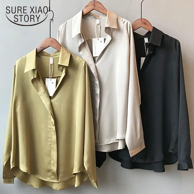 US $10.44 2019 Spring Women Fashion Long Sleeves Satin Blouse Vintage Femme V Neck Street Shirts Elegant Imit