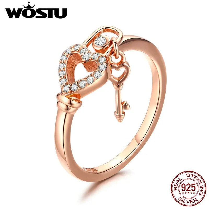 WOSTU, 925 пробы, серебряное кольцо с замком любви, брелок с замком, розовое золото, кольца с прозрачным фианитом, для женщин, 925, ювелирное изделие, CQR501