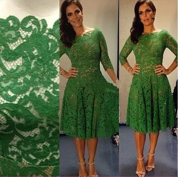 

Lovely A-line Boat Neck Keen Length Green Lace Evening Dress With Half Sleeves Customized Women Short Dresses Evening 2015