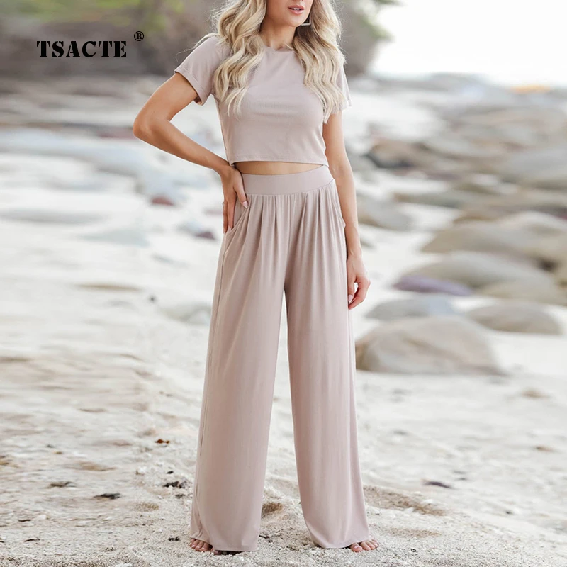 Fashion Casual Wide-Legs Suits Spring Summer New Short-Sleeve Slim Crop T-Shirt Trousers Two-Piece Set Homewear Women's Clothing |