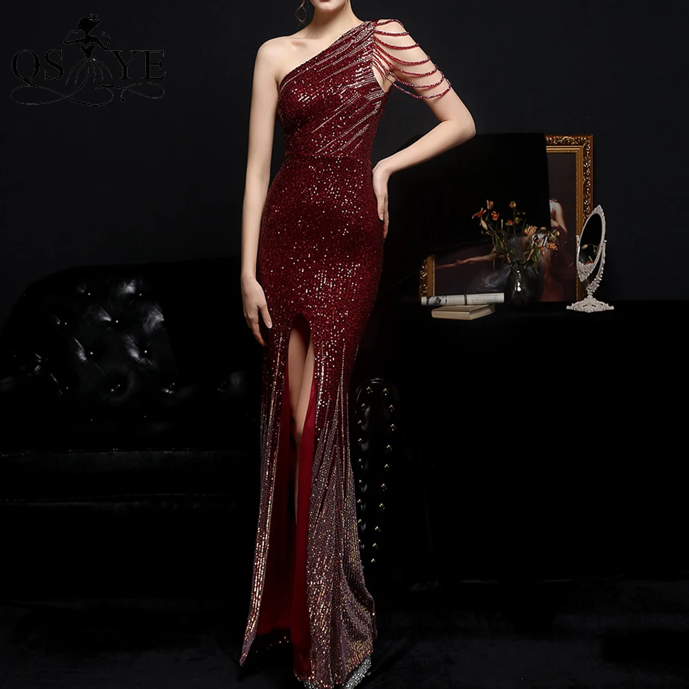 dark green prom dress Crystal One Shoulder Prom Dress Sequin Mermaid Burgundy Evening Gown Sexy Split Beading Straps Fade Sequin RedFormal Party Gown black prom dress