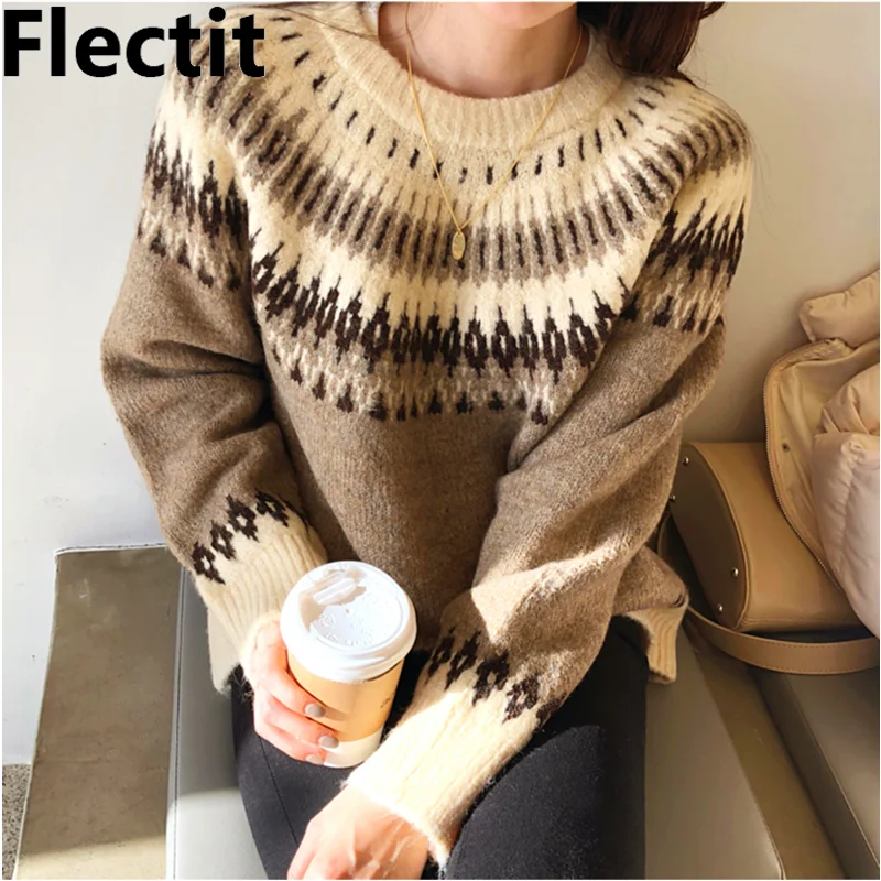 Goede Flectit Fair Isle Trui Vrouwen Lange Mouwen Ronde Hals Gezellige Gebreide Herfst Winter Warme Truien *