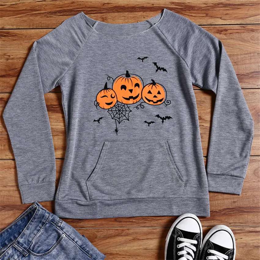 

Halloween Top Fashion Pumpkin print Sweatshirts Women 2019 New Sweatshirt O-neck Pullovers Gray Sweatshirts Womne Top Female