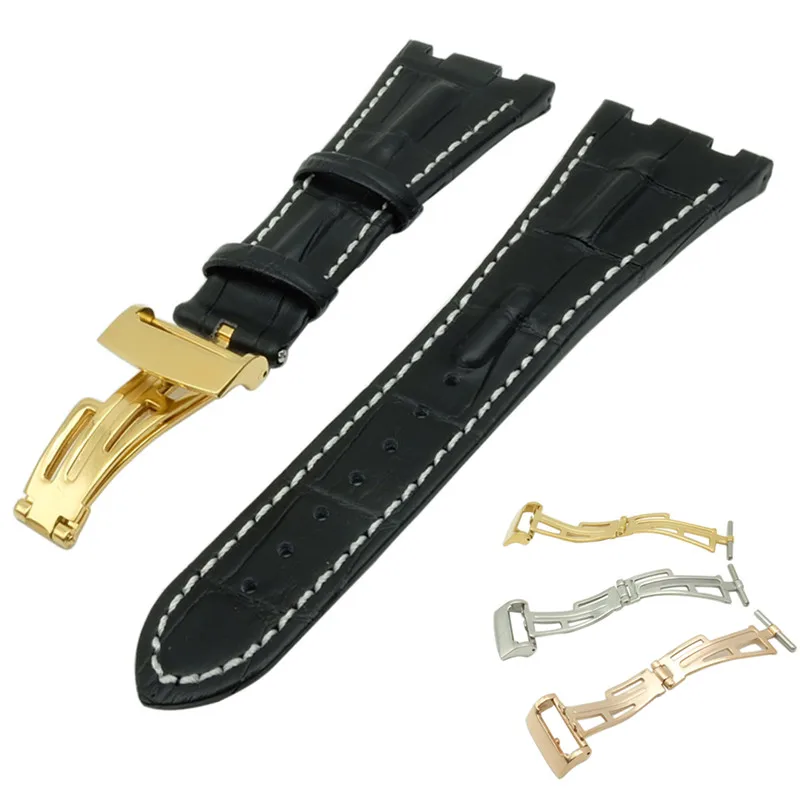 

For AP straps 28mm black blue 100% Genuine Leather Handmade Watch Band Strap With Steel Deployment Buckle Watchband+Screwdvire
