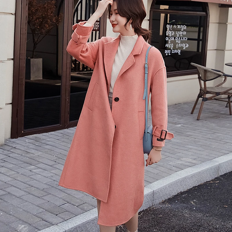 

European station autumn and winter new double-sided pure wool coat female loose long-sleeved jacket plus long thick wool