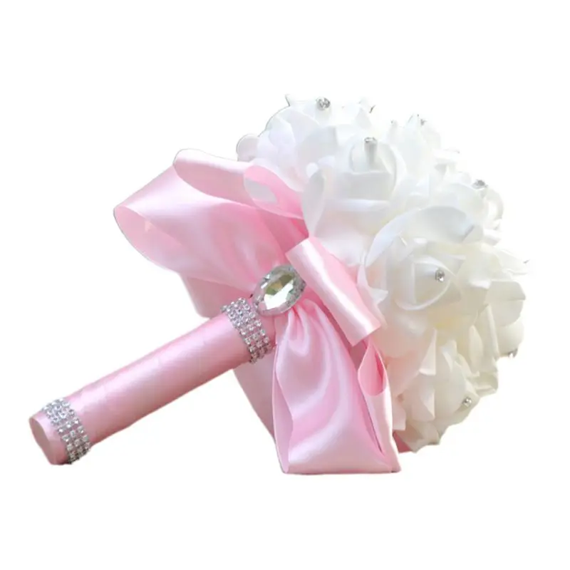 

Korean Style Wedding Bridal Bouquet Artificial Flower PE Foam Roses With Faux Crystal Rhinestone Ribbons for Party Church Decor
