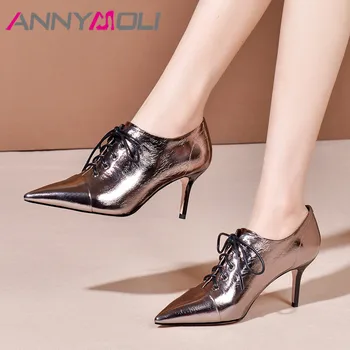 

ANNYMOLI High Heels Women Pumps Natural Genuine Leather Stiletto High Heel Shoes Cow Leather Pointed Toe Shoes Female Size 34-40