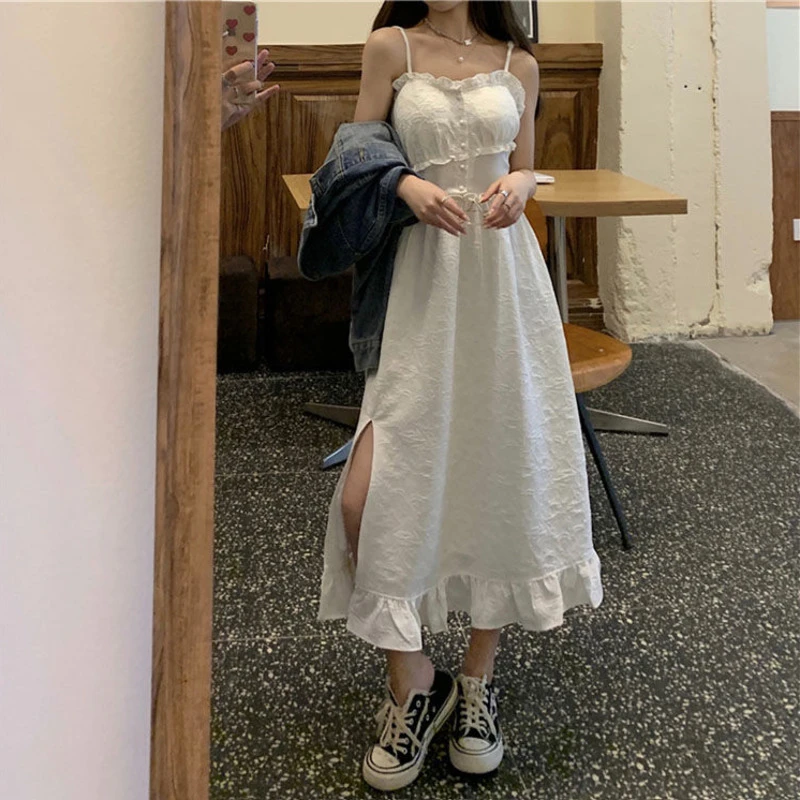 Vestidos Maxi de para mujer, ropa informal de hadas, sin mangas con tirantes, vestido de encaje blanco de fiesta solera Lolita, algodón, 2021|Vestidos| - AliExpress