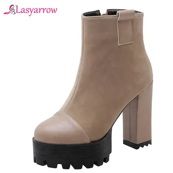 

Lasyarrow 2019 Autumn Winter Black Gray Suede Womens Gothic Shoes Platform Ladies Block Extra High Thick Heels Ankle Boots J1105