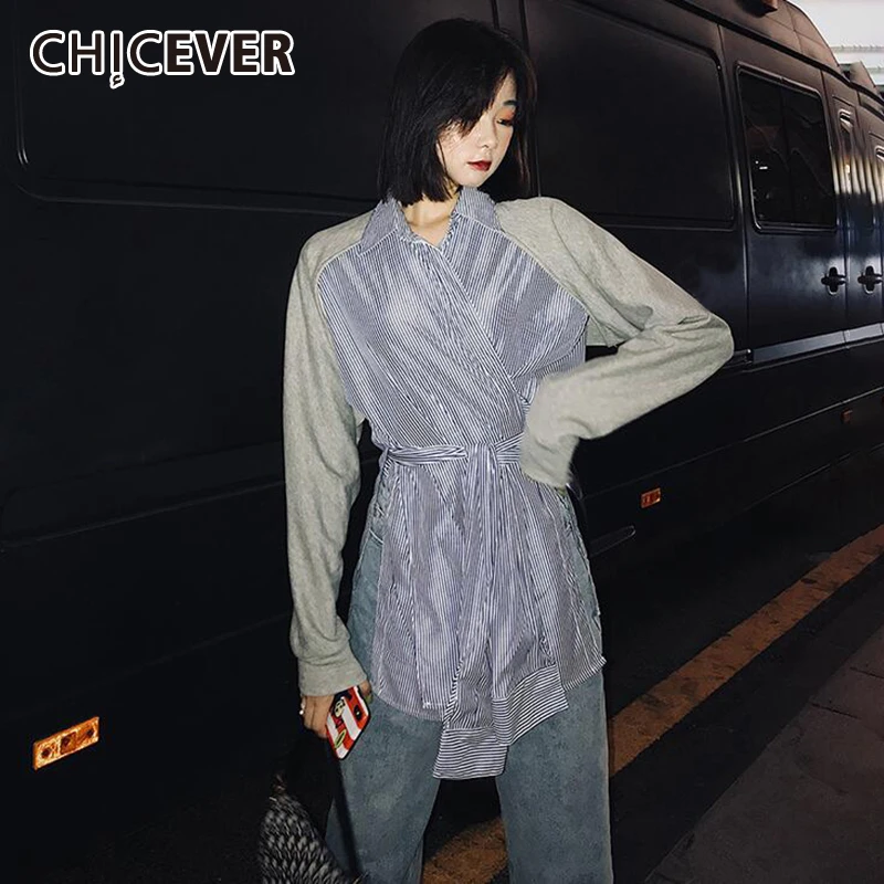 CHICEVER корейский Полосатый хит цвет Женская рубашка воротник с лацканами фонарь рукав Бандаж с высокой талией блузка женская мода осень