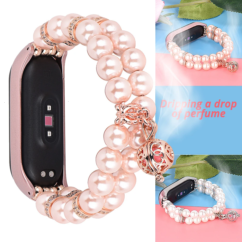 Stylish Replacement Strap Bands for Xiaomi Mi Band 4 3 Bracelet Women Pearl Perfume Wristband with Metal Smart Watch Miband 4 3