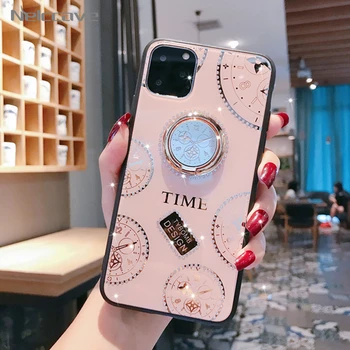 

1000Pcs Fashion Clock glass Case For iPhone 11 Pro XS Max XR X 8 7 6 6S Plus SE 2020 Rhinestone 360 Rotating Ring Holder cover