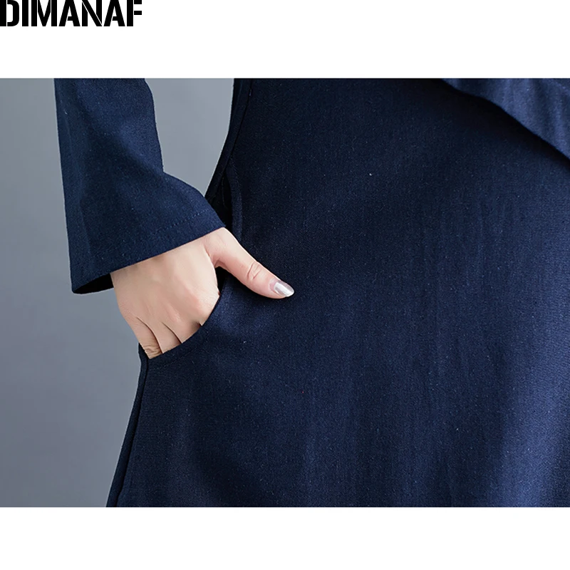 DIMANAF Women Dress Vintage Plus Size Autumn Vestidos Cotton Linen Spliced Solid Female Elegnat Lady Long Sleeve Dress Clothing