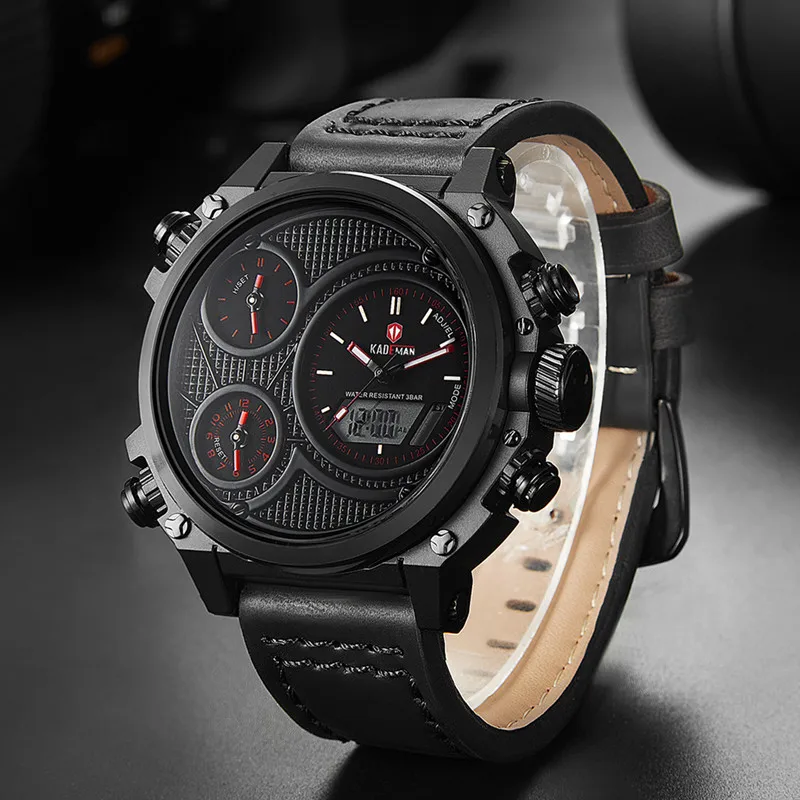 

Men Watches Luxury Big Dial Business Quartz Leather Digital 3 Time Zone Wristwatch 3ATM TOP Brand Relogio Masculino