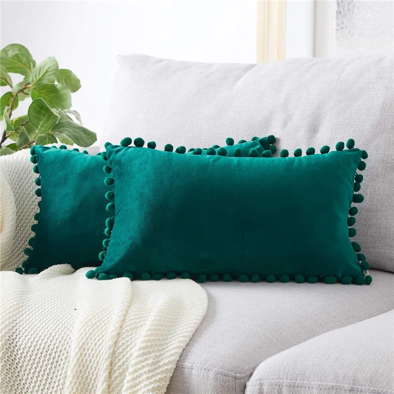 Зеленый, синий, серый, розовый однотонный бархатный декоративный чехол для подушек, мягкий Бархатный Чехол для подушек с помпоном, наволочка для дивана, 30x50 см - Цвет: dark green