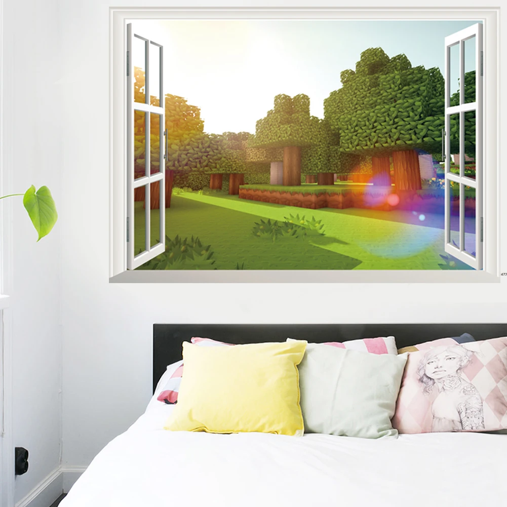 Cartoon steve Anime Game 3D windows Wall Stickers Pixel World Home Decor Game Peripheral Posters Sandbox Games - 3