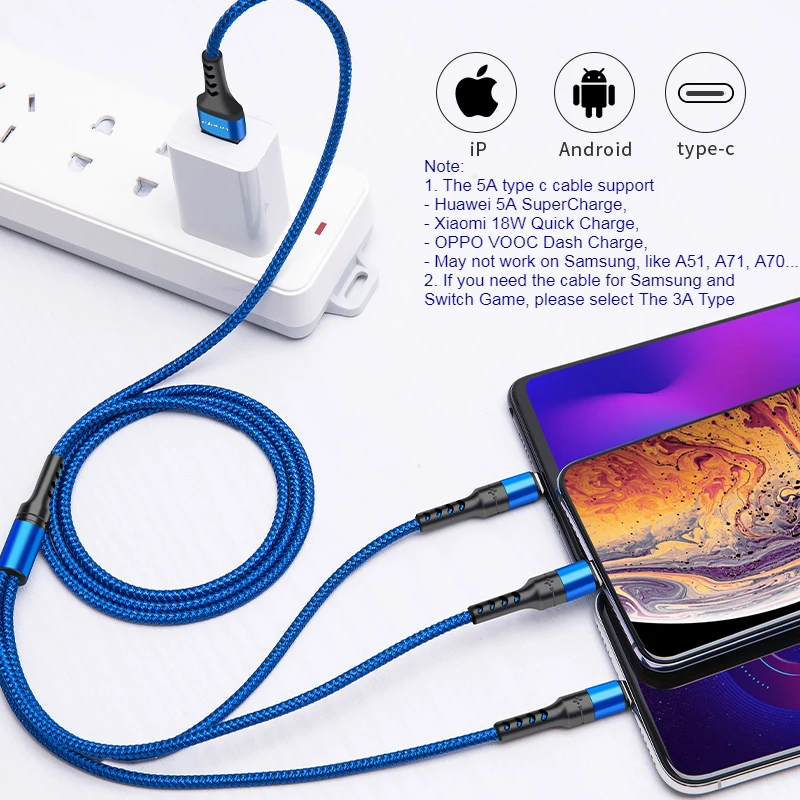 Nohon 5A 3 в 1 USB кабель для iPhone зарядное устройство быстрой зарядки с разъемом Micro Type C
