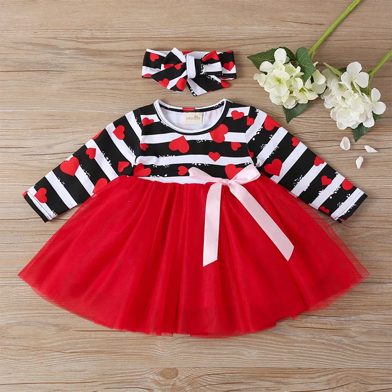 Girls dress striped long-sleeved bowknot children's net gauze skirt princess dress baby girl fashion dress girl clothes
